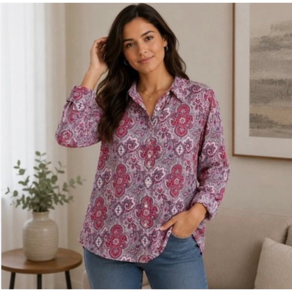 Talbots Womens 8 Petite Pink Gray Paisley Button UP Shirt Wrinkle Resistant Top
